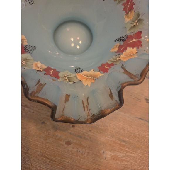 6" Fenton Charleston Opaque Blue Overlay Leaves & Grapes Ruffled Edged Glass... - Picture 3 of 6